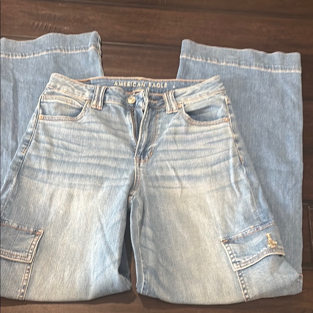 American Eagle Outfitters Blue Flare Wide Leg Jeans Distressed
